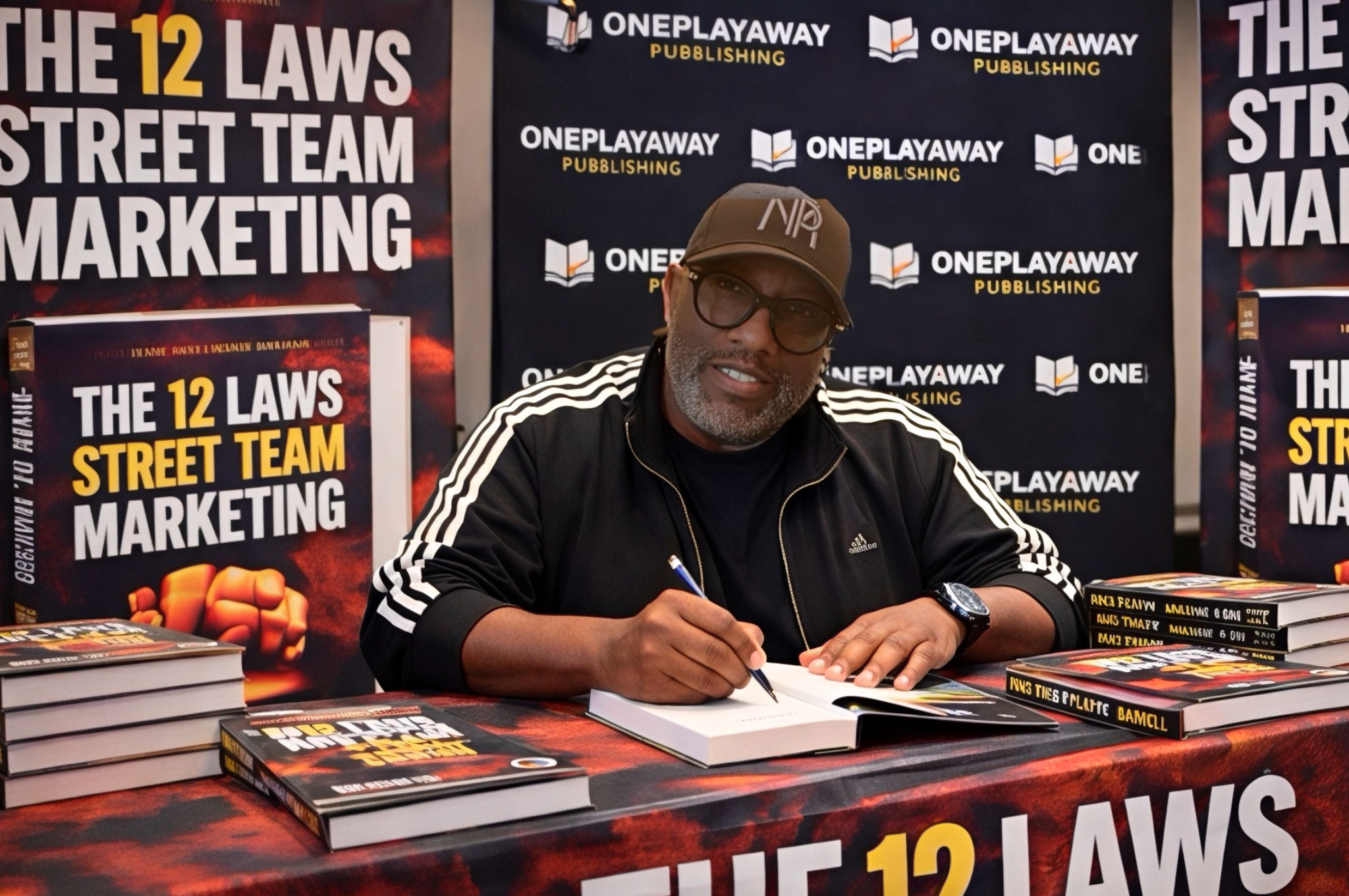 KB ThePlaymaker Barrell signing copies of The 12 Laws of Street Team Marketing